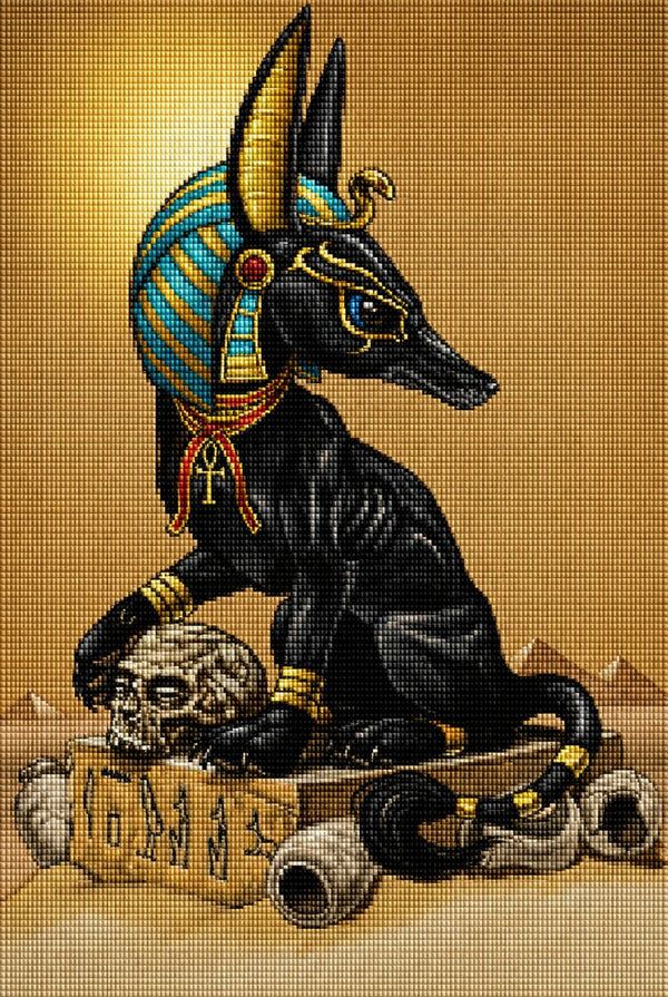 Diamond Painting eines schwarzen Anubis-Hundes mit ägyptischem Schmuck in einer Wüstenlandschaft. Mockup.