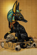Diamond Painting eines schwarzen Anubis-Hundes mit ägyptischem Schmuck in einer Wüstenlandschaft. Mockup.
