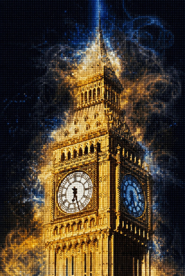 Diamond Painting von Big Ben in London mit goldenen Lichteffekten und funkelndem Staub. Mockup.