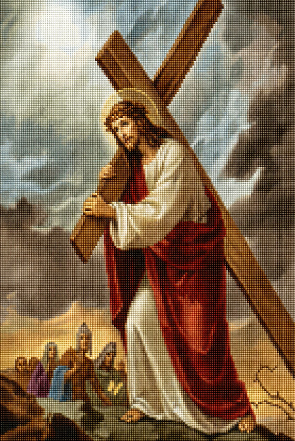 Diamond Painting Darstellung von Jesus Christus, der das schwere Holzkreuz auf dem Weg nach Golgatha trägt. Mockup.