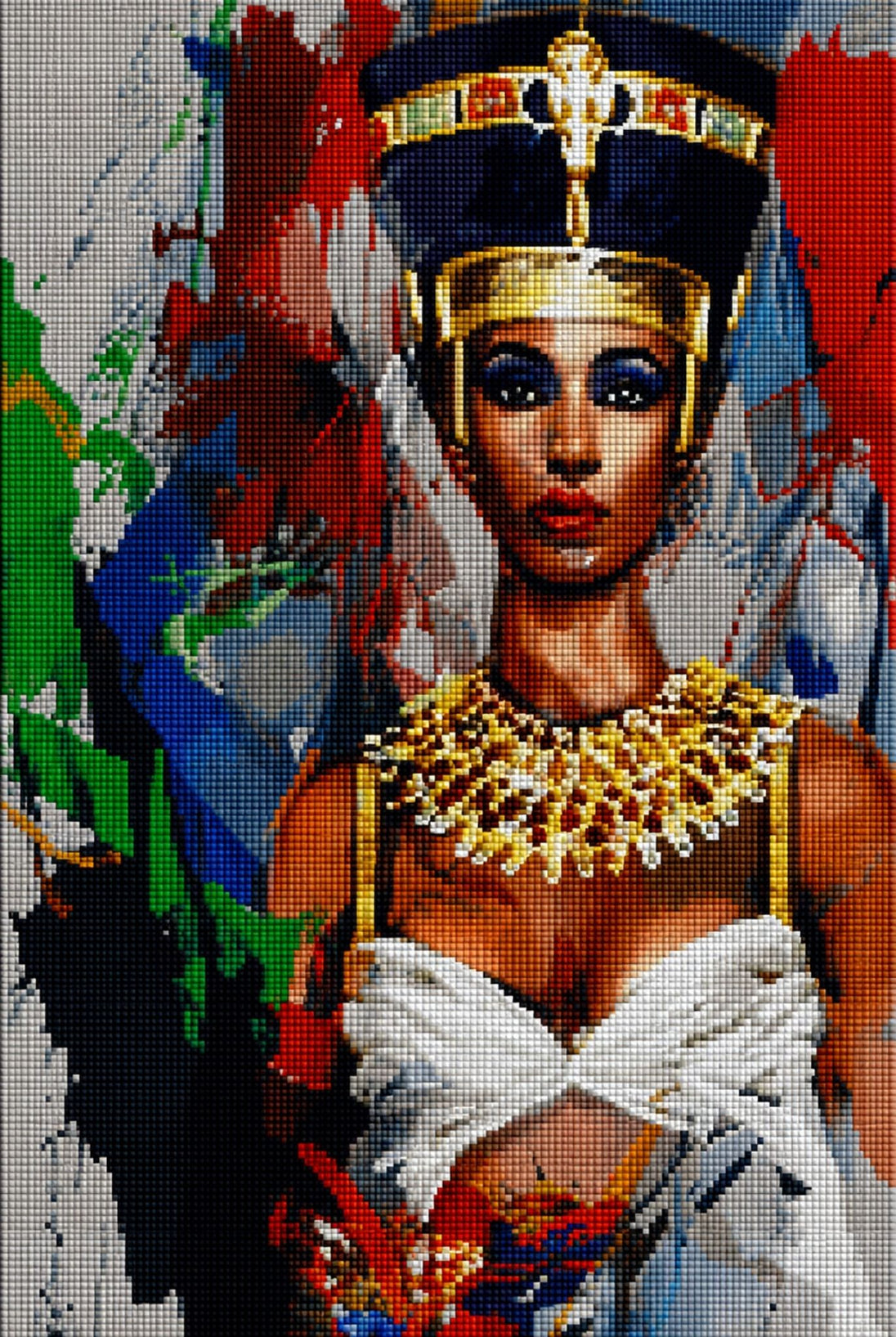 Diamond Painting Portrait der Nofretete im modernen Kunststil mit goldenem Schmuck und bunten Farben. Mockup.