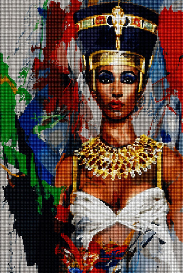 Diamond Painting Portrait der Nofretete im modernen Kunststil mit goldenem Schmuck und bunten Farben. Mockup.