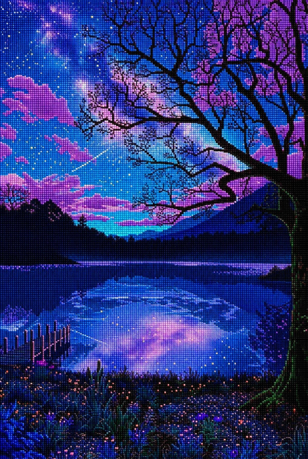 Diamond Painting mit Sternenhimmel über einem Bergsee, großem Baum und spiegelnder Wasserfläche. Mockup.