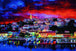 Diamond Painting mit mediterranem Hafenort, Booten und farbintensivem Abendhimmel. Mockup.