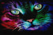 Diamond Painting mit farbenfrohem Katzengesicht und leuchtenden grünen Augen auf dunklem Hintergrund. Mockup.