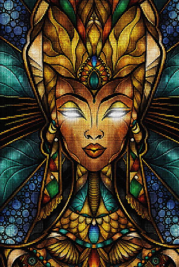 Diamond Painting mit ägyptischer Königin, goldenem Kopfschmuck und leuchtenden Augen im Ornamentstil. Mockup.