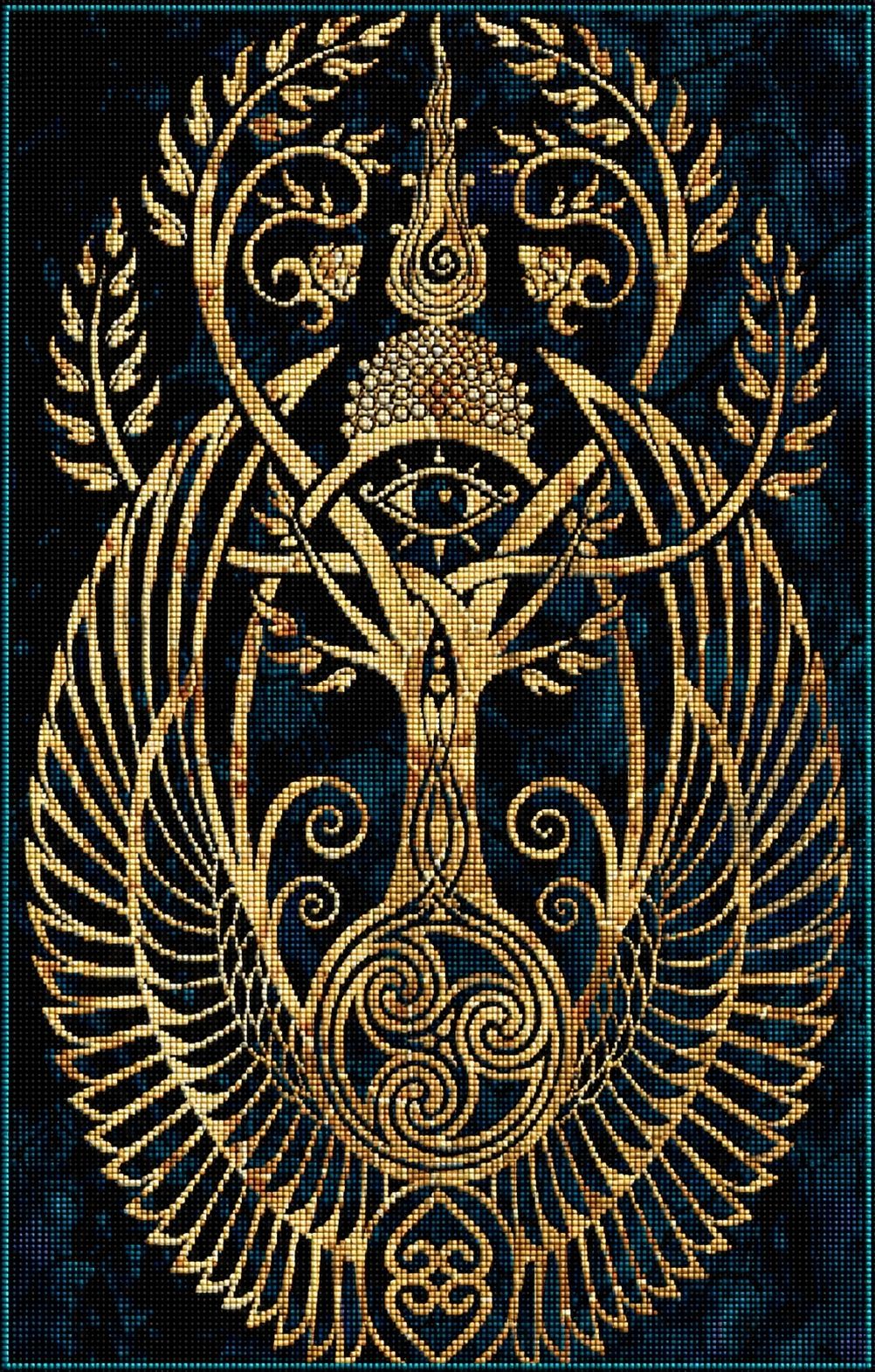 Diamond Painting mit goldenem Lebensbaum, allsehendem Auge und geflügelten Ornamenten auf dunkelblauem Hintergrund. Mockup.