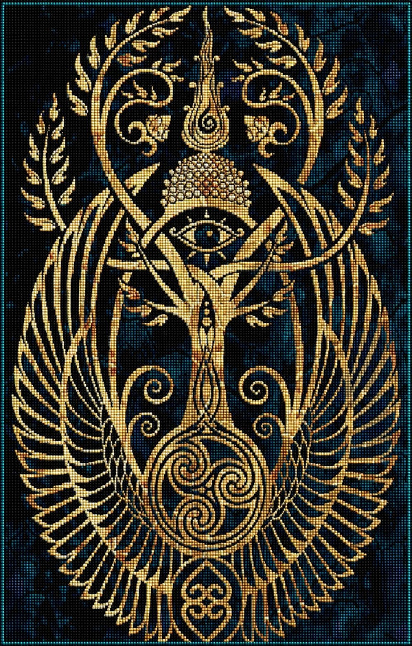 Diamond Painting mit goldenem Lebensbaum, allsehendem Auge und geflügelten Ornamenten auf dunkelblauem Hintergrund. Mockup.