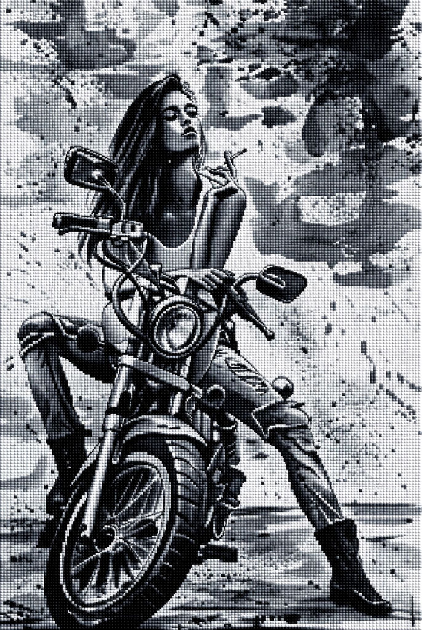 Diamond Painting mit Frau auf Motorrad im kontrastreichen Schwarz-Weiß-Stil. Mockup.
