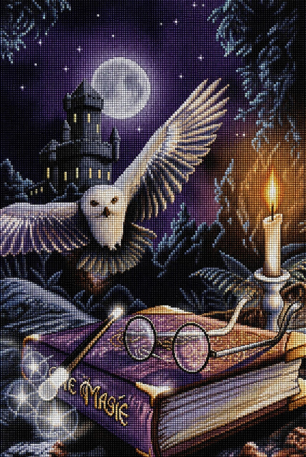 Diamond Painting mit fliegender Schneeeule, Zauberbuch, Vollmond, Kerze und Schloss in einer magischen Nachtlandschaft. Mockup.
