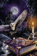 Diamond Painting mit fliegender Schneeeule, Zauberbuch, Vollmond, Kerze und Schloss in einer magischen Nachtlandschaft. Mockup.