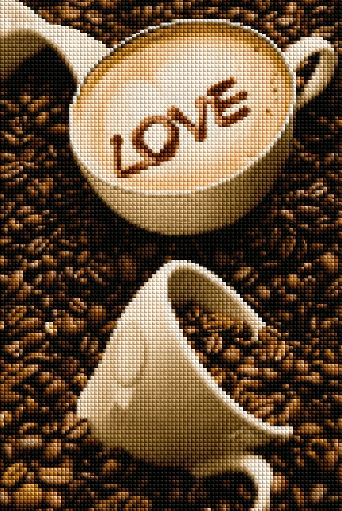 Diamond Painting mit Cappuccino-Tasse, LOVE im Milchschaum und gerösteten Kaffeebohnen. Mockup.