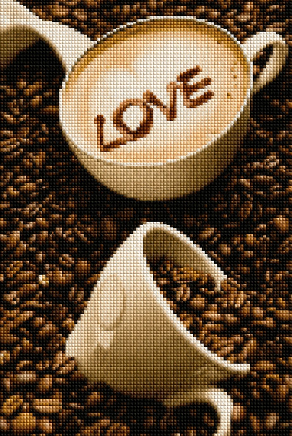 Diamond Painting mit Cappuccino-Tasse, LOVE im Milchschaum und gerösteten Kaffeebohnen. Mockup.