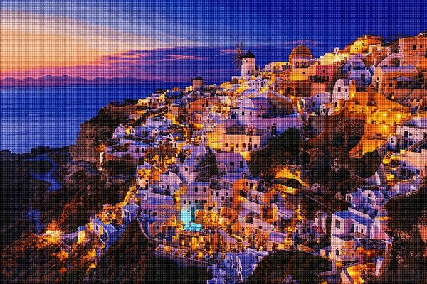 Diamond Painting mit Santorini, weißen Häusern, Windmühlen und Abendlicht über dem Meer. Mockup.