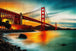 Diamond Painting mit Golden Gate Bridge bei Sonnenuntergang über ruhigem Wasser. Mockup.