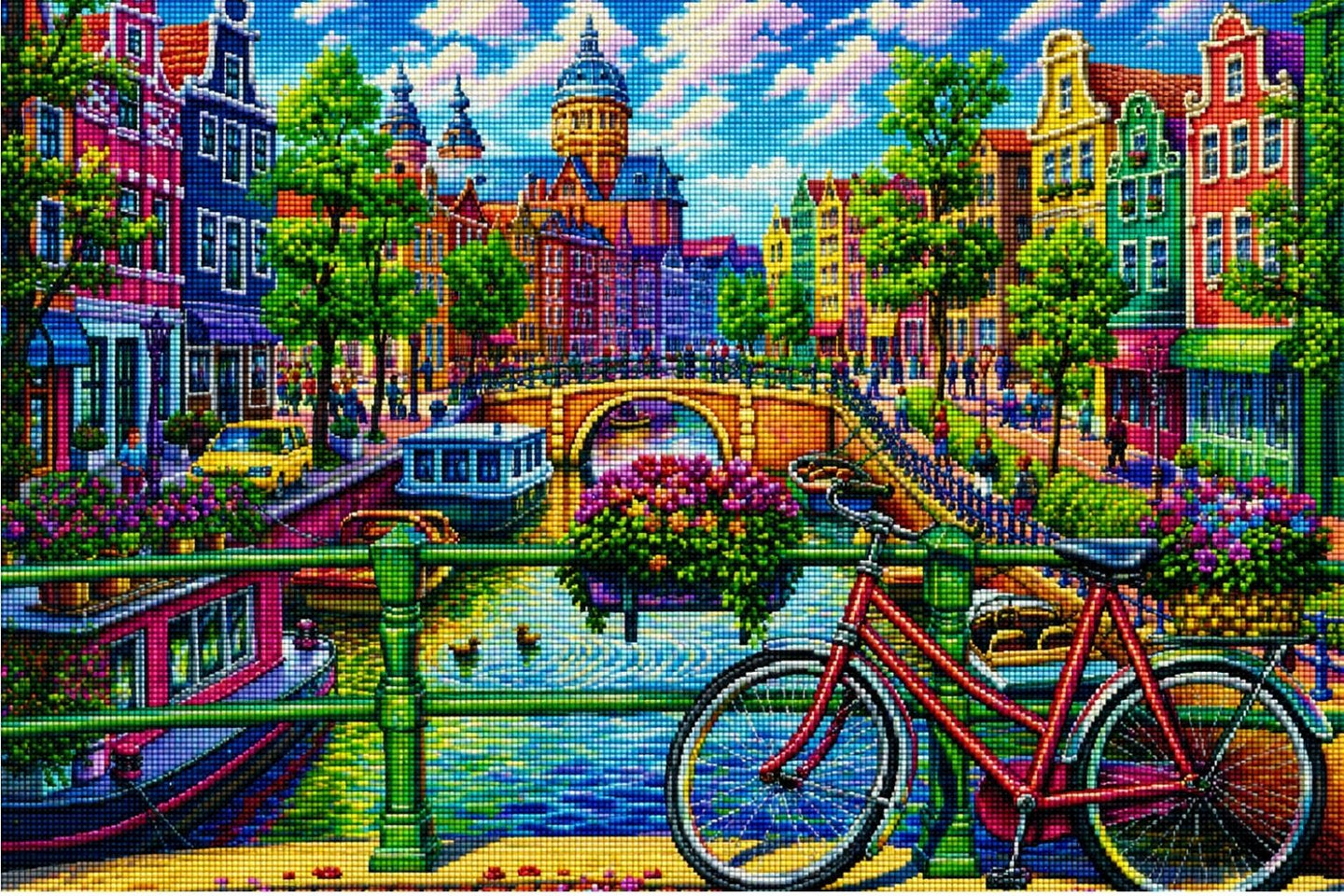 Diamond Painting mit Amsterdamer Grachten, Fahrrad, Brücke, Booten und bunten Giebelhäusern. Mockup.