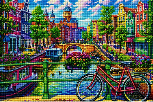 Diamond Painting mit Amsterdamer Grachten, Fahrrad, Brücke, Booten und bunten Giebelhäusern. Mockup.