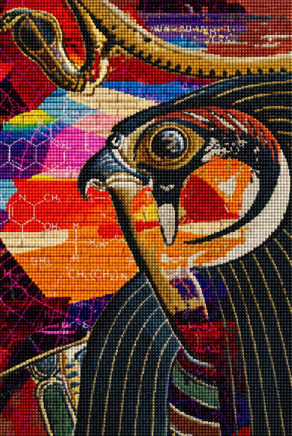 Diamond Painting mit Horus-Falke im modernen ägyptischen Collage-Stil. Mockup.