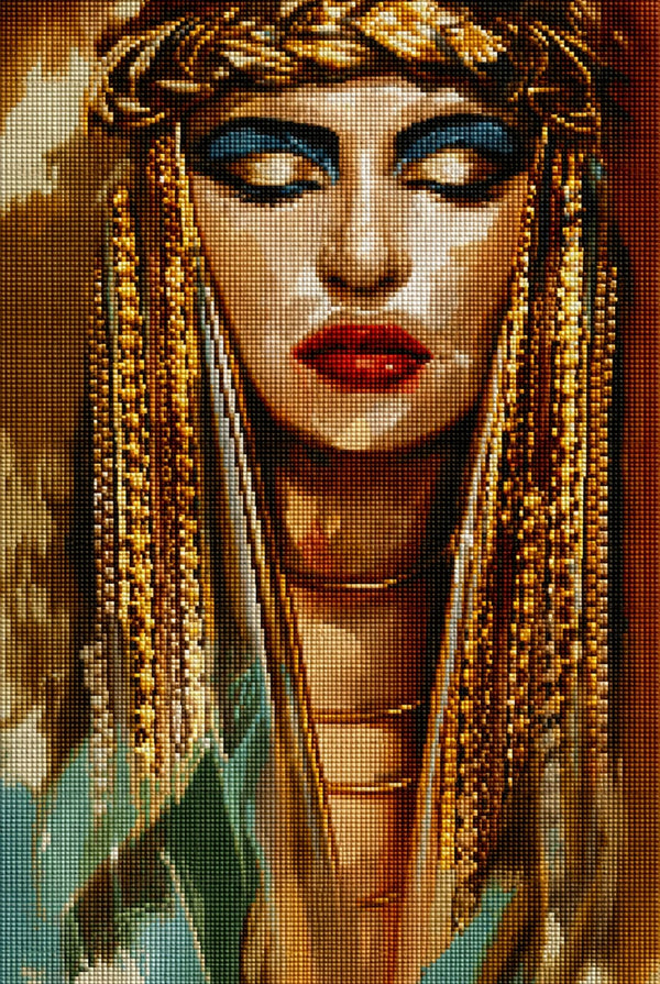Diamond Painting mit ägyptischer Pharaonin und goldenem Kopfschmuck im Porträt. Mockup.