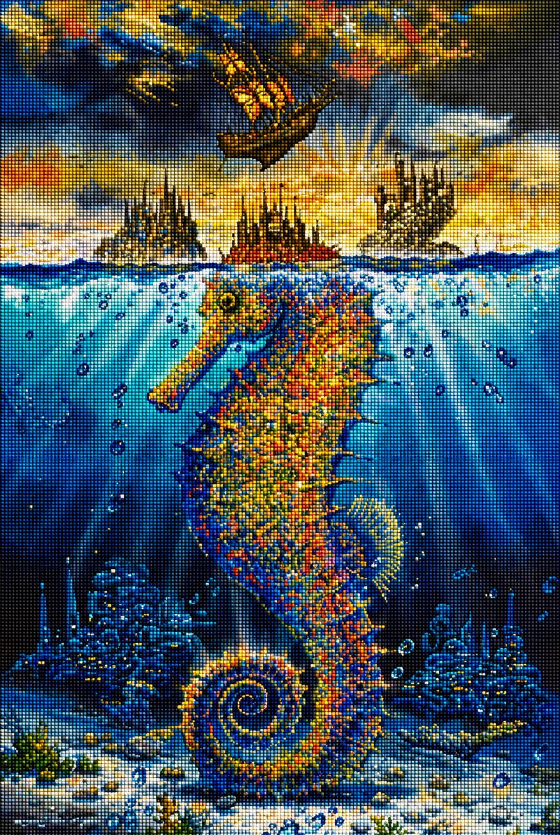 Diamond Painting mit farbigem Seepferdchen, Unterwasserwelt, Fantasieinseln und Segelschiff. Mockup.