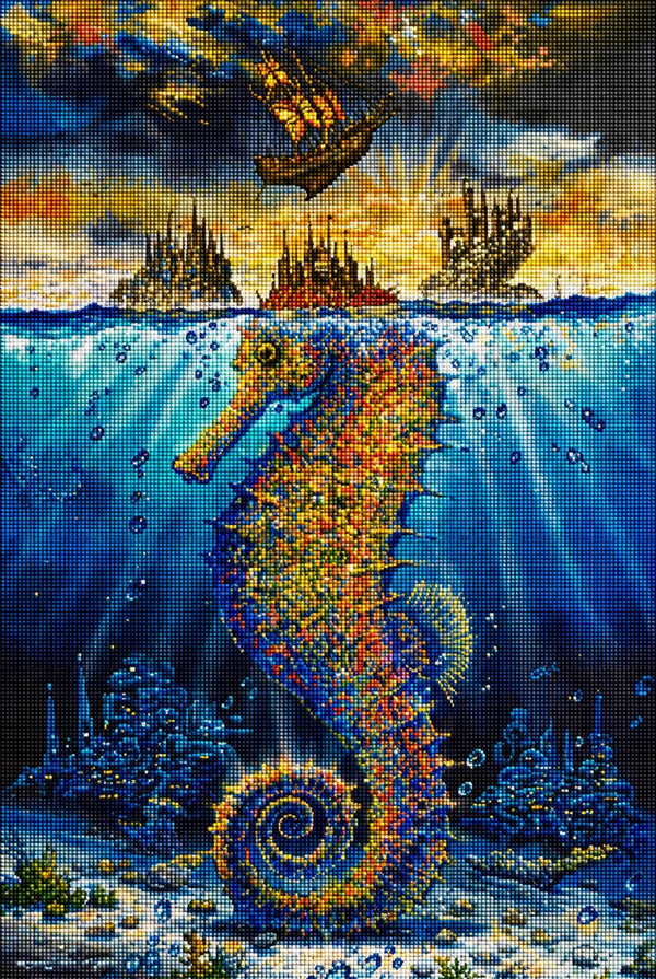 Diamond Painting mit farbigem Seepferdchen, Unterwasserwelt, Fantasieinseln und Segelschiff. Mockup.