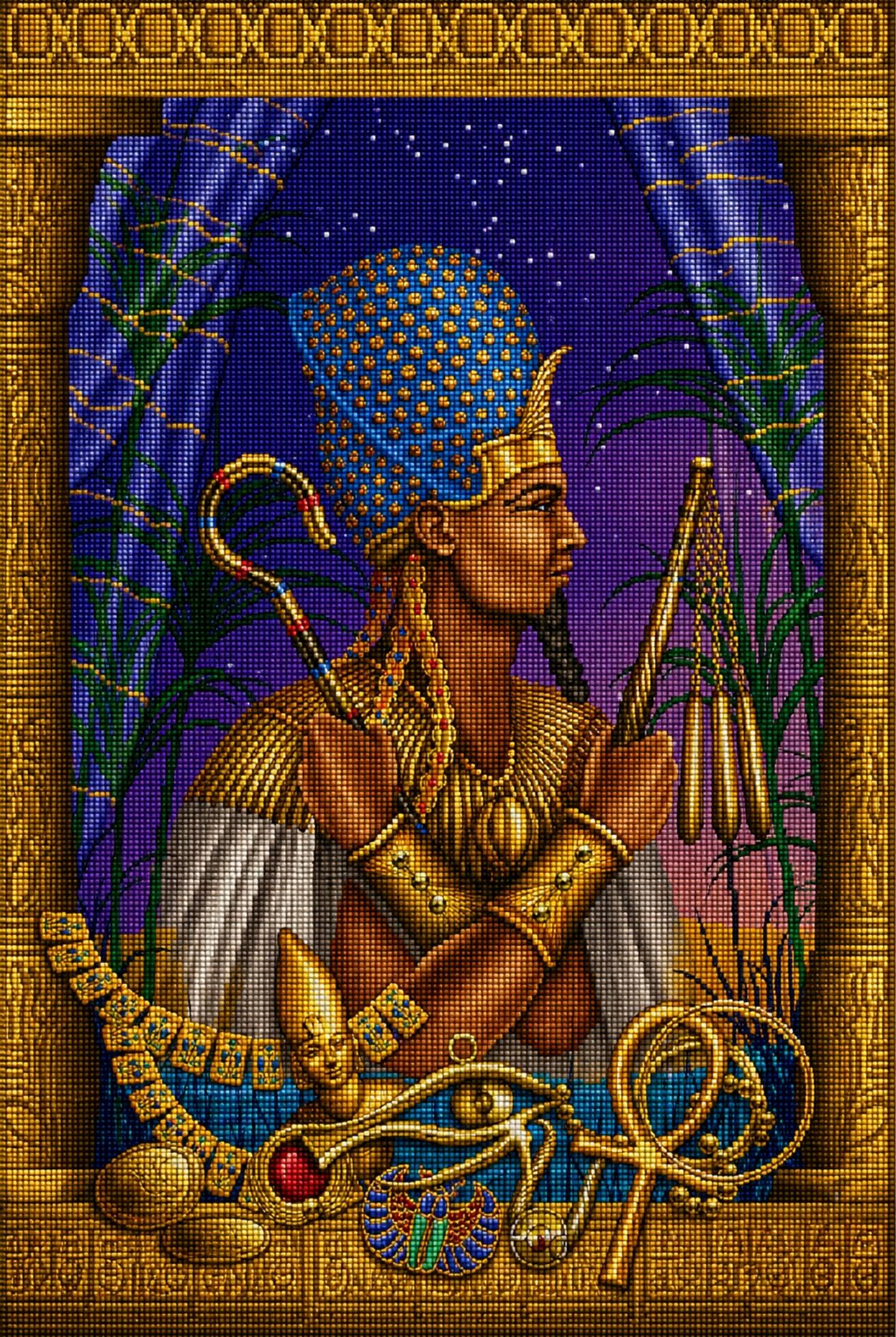 Diamond Painting mit heiligem ägyptischem König, blauer Krone und goldenen Tempelsymbolen. Mockup.