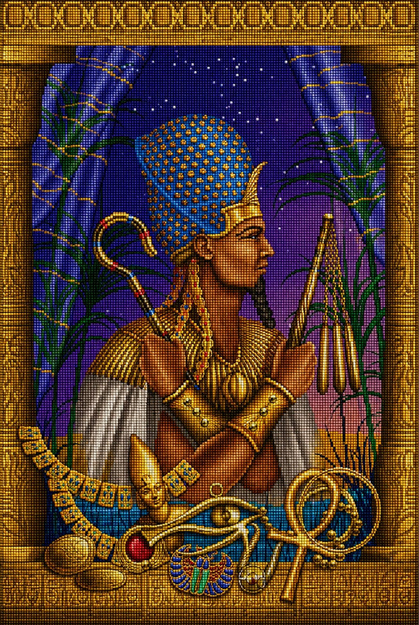 Diamond Painting mit heiligem ägyptischem König, blauer Krone und goldenen Tempelsymbolen. Mockup.