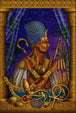 Diamond Painting mit heiligem ägyptischem König, blauer Krone und goldenen Tempelsymbolen. Mockup.