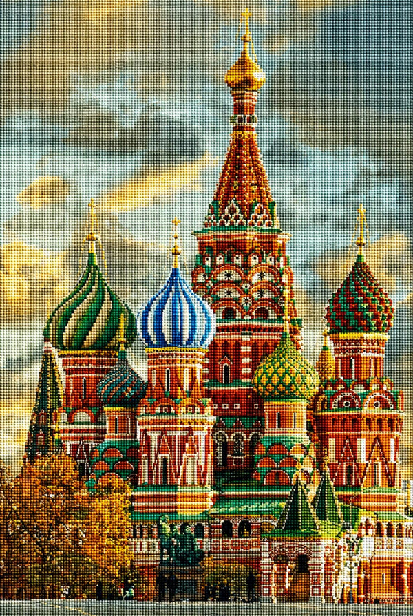 Diamond Painting der Basilius-Kathedrale in Moskau mit farbenfrohen Zwiebeltürmen unter bewölktem Himmel. Mockup.