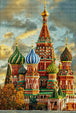 Diamond Painting der Basilius-Kathedrale in Moskau mit farbenfrohen Zwiebeltürmen unter bewölktem Himmel. Mockup.