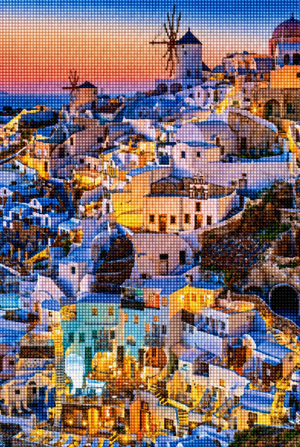 Diamond Painting mit Santorini, weißen Häusern, Windmühlen und Abendhimmel über der griechischen Insel. Mockup.