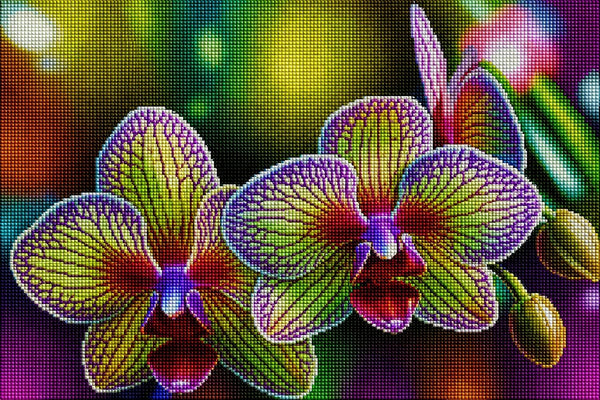 Diamond Painting mit zwei grün-violetten Orchideenblüten und Knospen vor unscharfem Hintergrund. Mockup.
