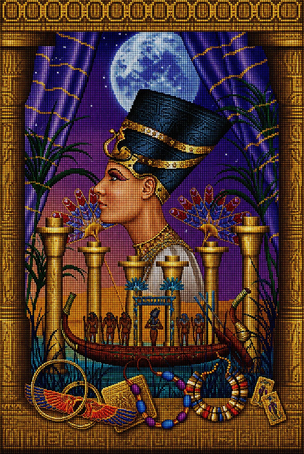 Diamond Painting mit Königin Nofretete, blauer Krone, Vollmond und ägyptischer Tempelszene. Mockup.