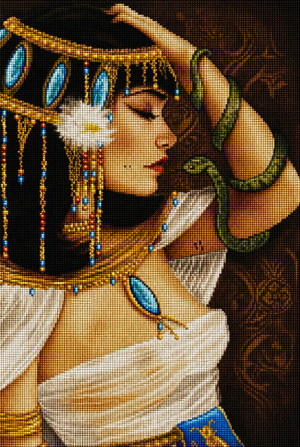 Diamond Painting mit ägyptischer Königin, Kobra am Arm und goldener Kopfbedeckung. Mockup.
