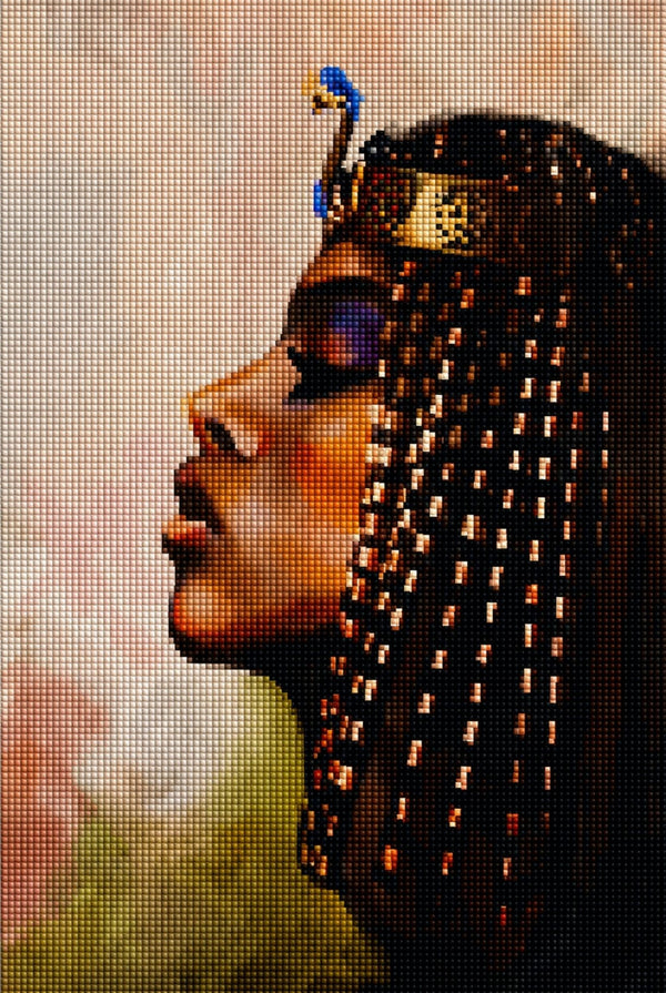 D amond Painting mit ägyptischer Pharaonin im Seitenprofil und goldener Stirnkrone. Mockup.