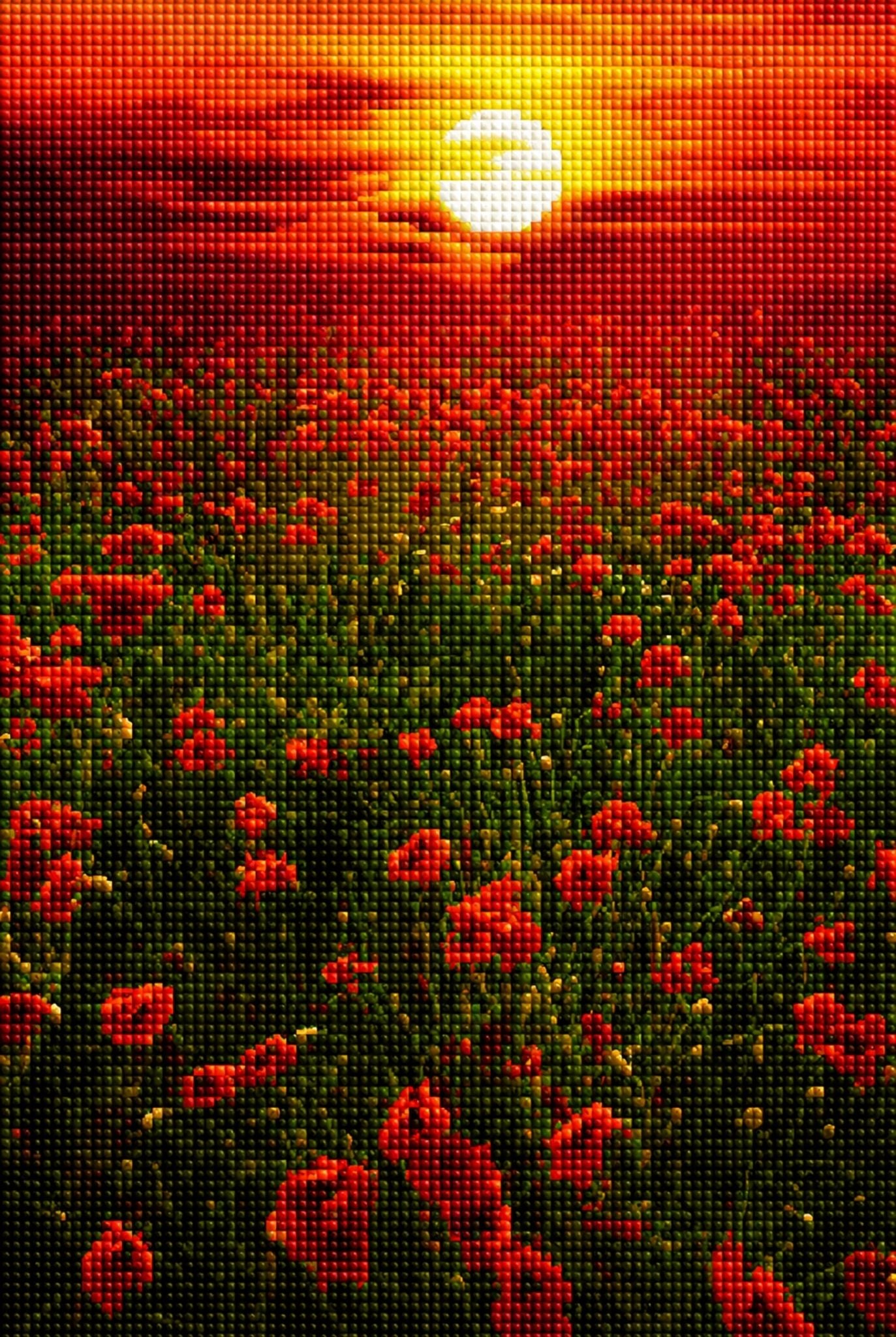 Diamond Painting mit rotem Mohnblumenfeld und leuchtender Abendsonne am Horizont. Mockup.
