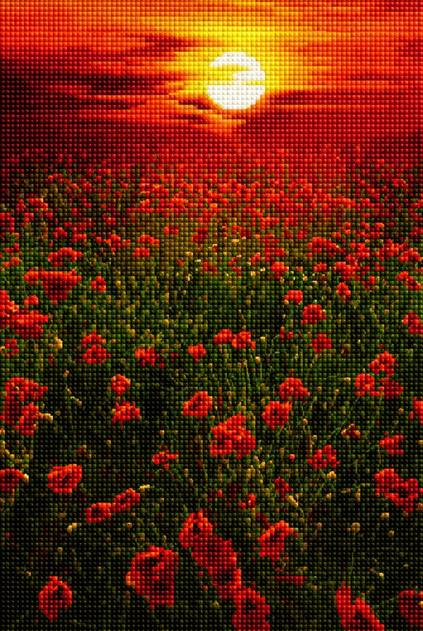 Diamond Painting mit rotem Mohnblumenfeld und leuchtender Abendsonne am Horizont. Mockup.