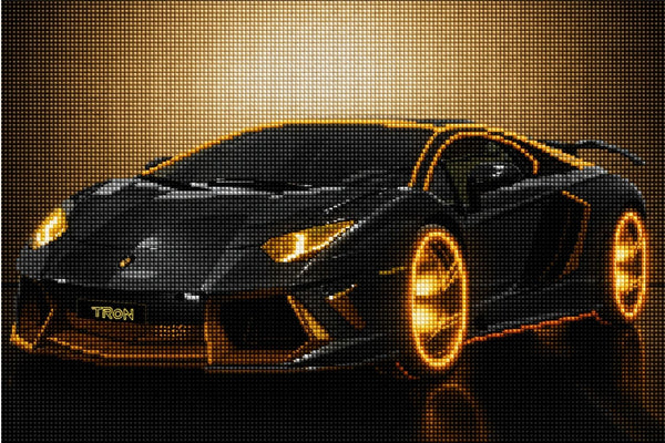 Diamond Painting mit futuristischem schwarzem Supersportwagen und leuchtenden Neon-Gold-Akzenten. Mockup.