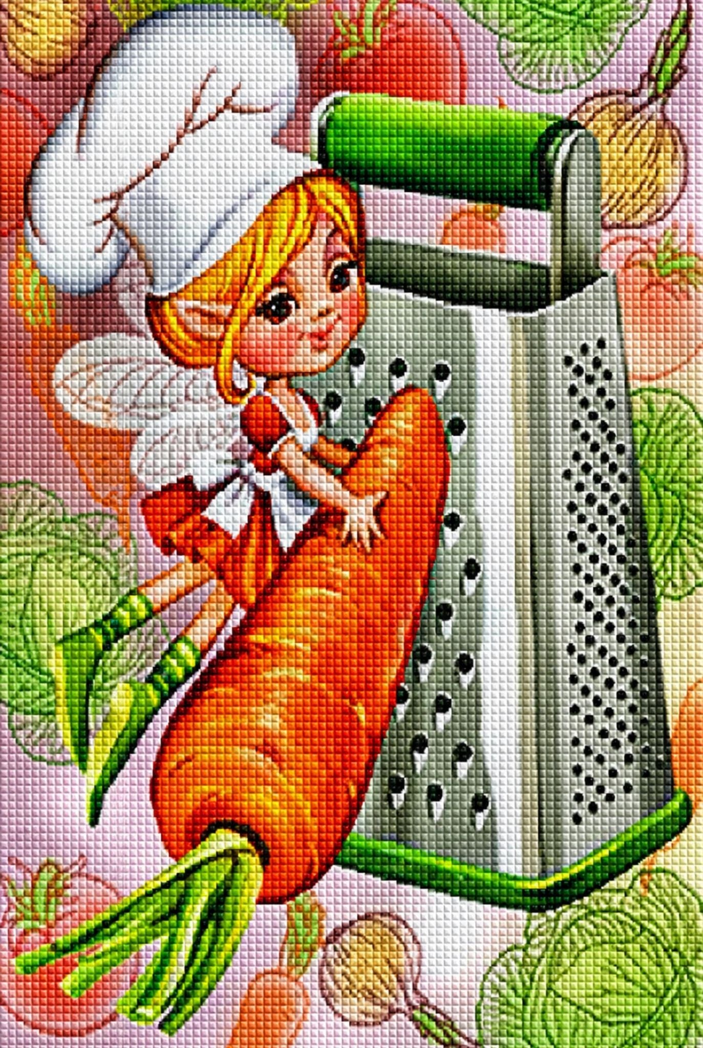 Diamond Painting mit Kochfee, großer Karotte und Küchenreibe im farbenfrohen Cartoon-Stil. Mockup.