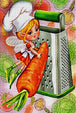 Diamond Painting mit Kochfee, großer Karotte und Küchenreibe im farbenfrohen Cartoon-Stil. Mockup.