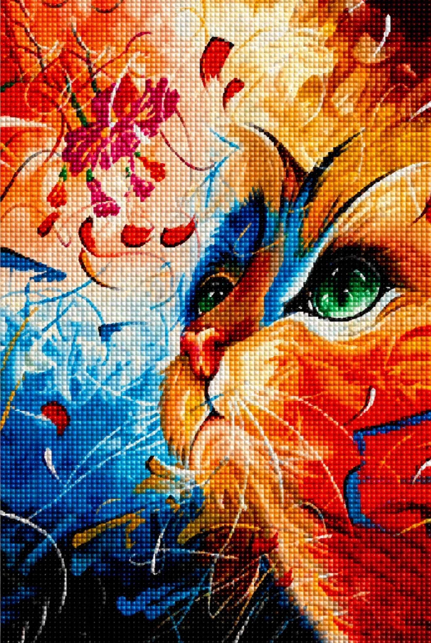 Diamond Painting mit farbenfrohem Katzenporträt im abstrakten Pop-Art-Stil und großem grünem Auge. Mockup.
