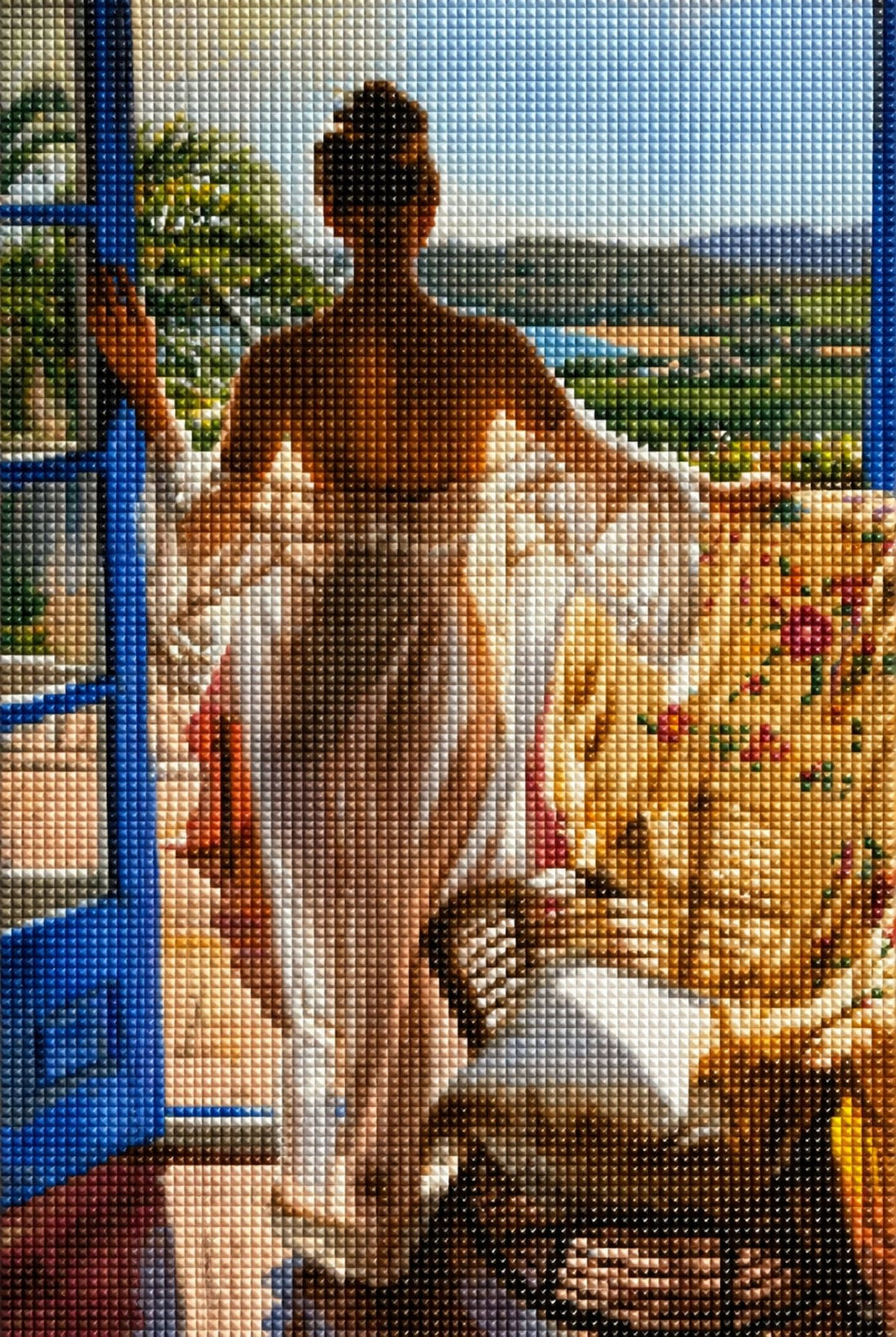 Diamond Painting mit Frau im weißen Kleid am offenen Fenster mit Blick auf eine mediterrane Landschaft. Mockup.