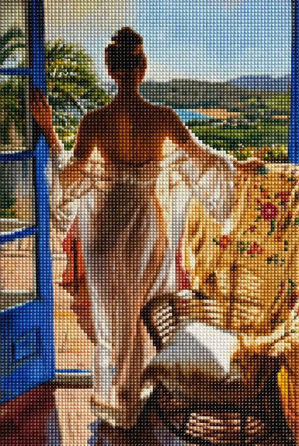 Diamond Painting mit Frau im weißen Kleid am offenen Fenster mit Blick auf eine mediterrane Landschaft. Mockup.