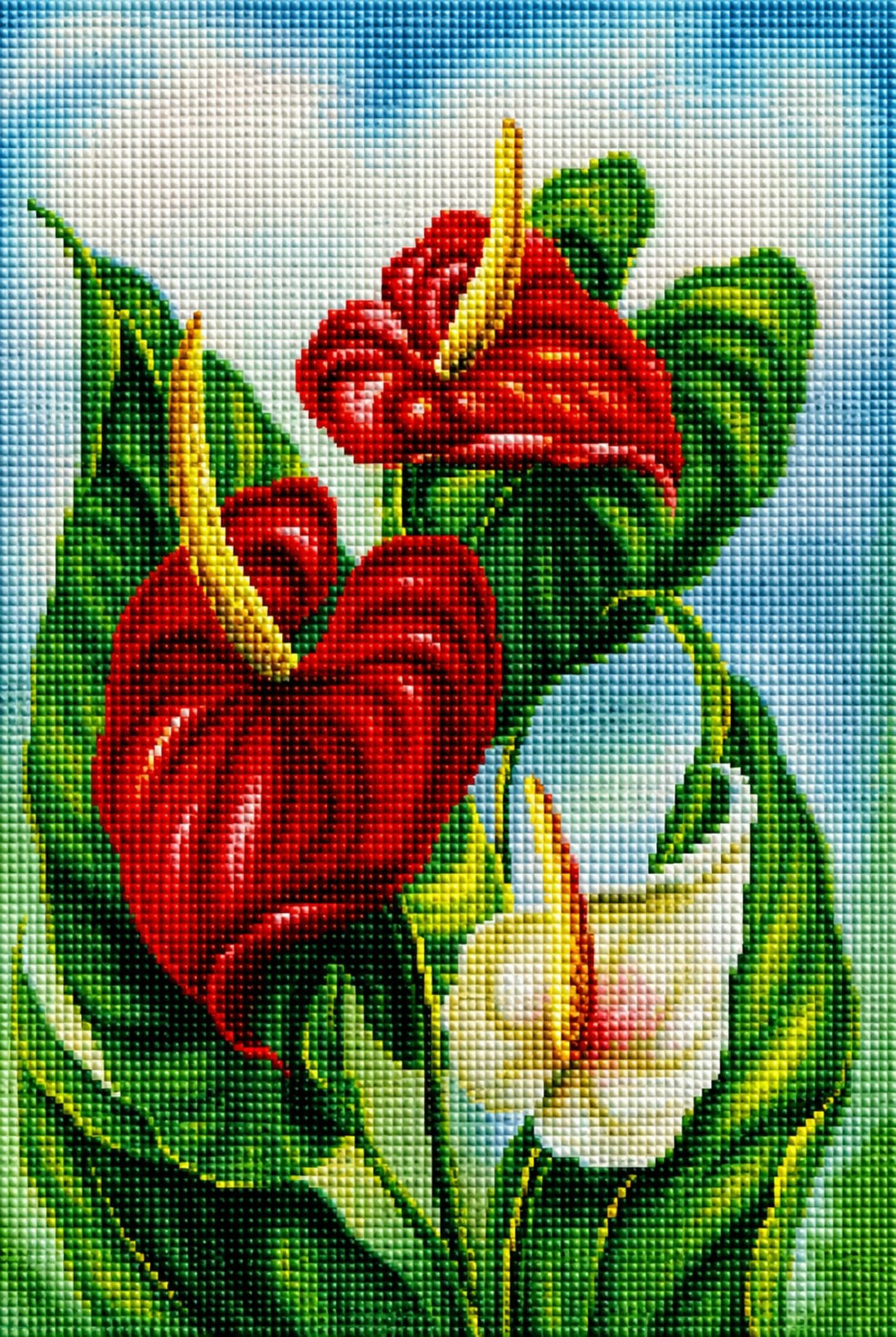 Diamond Painting mit roten Anthurien, weißer Calla und grünen Blättern im botanischen Stil. Mockup.