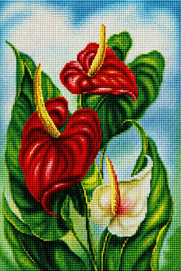 Diamond Painting mit roten Anthurien, weißer Calla und grünen Blättern im botanischen Stil. Mockup.