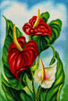 Diamond Painting mit roten Anthurien, weißer Calla und grünen Blättern im botanischen Stil. Mockup.