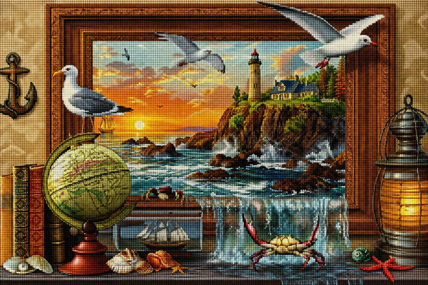 Diamond Painting mit Leuchtturm, Möwen, Brandung und maritimem Stillleben an einer felsigen Küste. Mockup.