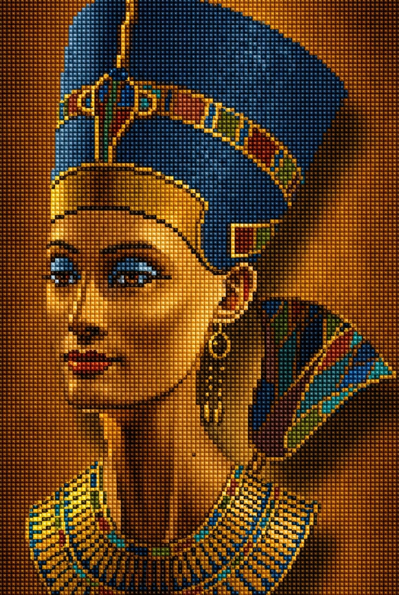 Diamond Painting mit stilisiertem Porträt der ägyptischen Königin Nofretete in blau-goldener Gewandung. Mockup.