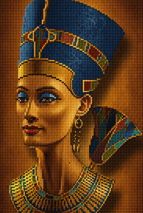 Diamond Painting mit stilisiertem Porträt der ägyptischen Königin Nofretete in blau-goldener Gewandung. Mockup.