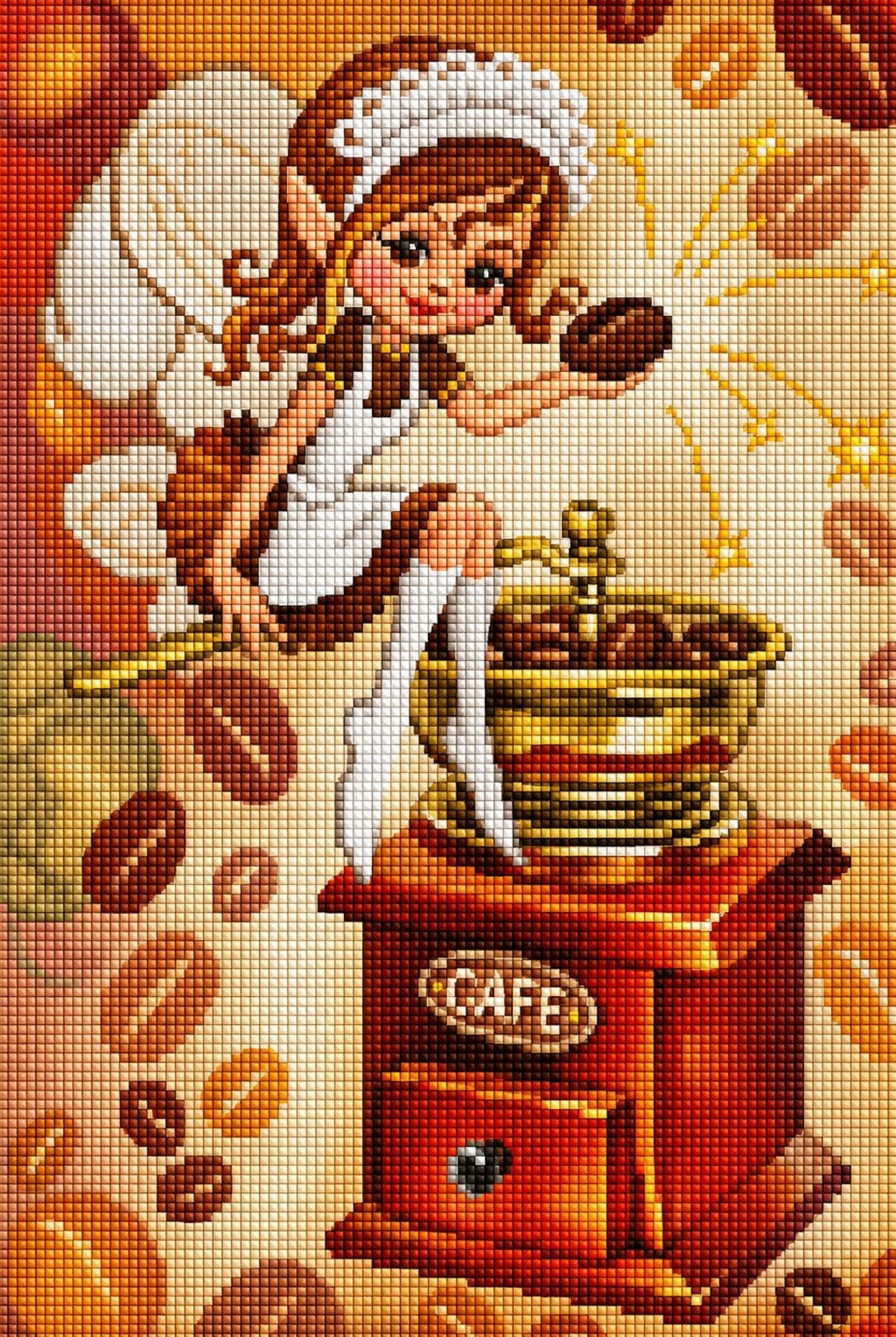 Diamond Painting mit Kaffeefee auf nostalgischer Kaffeemühle und schwebenden Kaffeebohnen. Mockup.